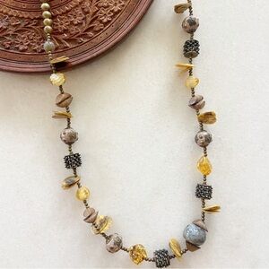 Chico’s Long Necklace Neutral Shell Stone Mixed Brass